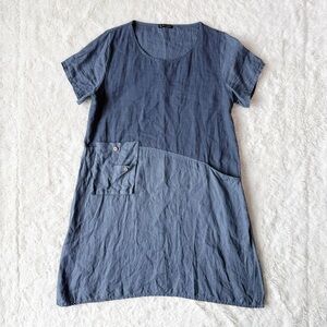 Bella Amore Italy Woman Blue Patch 100% Linen Relax Dress LARGE Lagenlook Boho